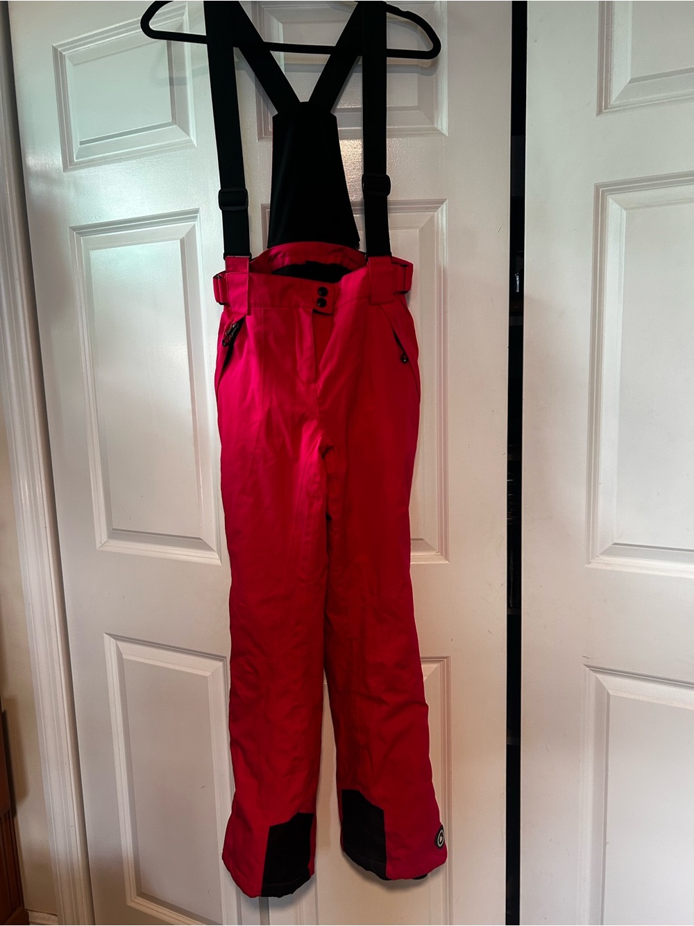 Women's Waterproof Ski Bib Pants in Bright Pink with Black Suspenders